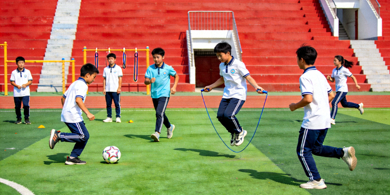 学校操场与学生在进行体育活动