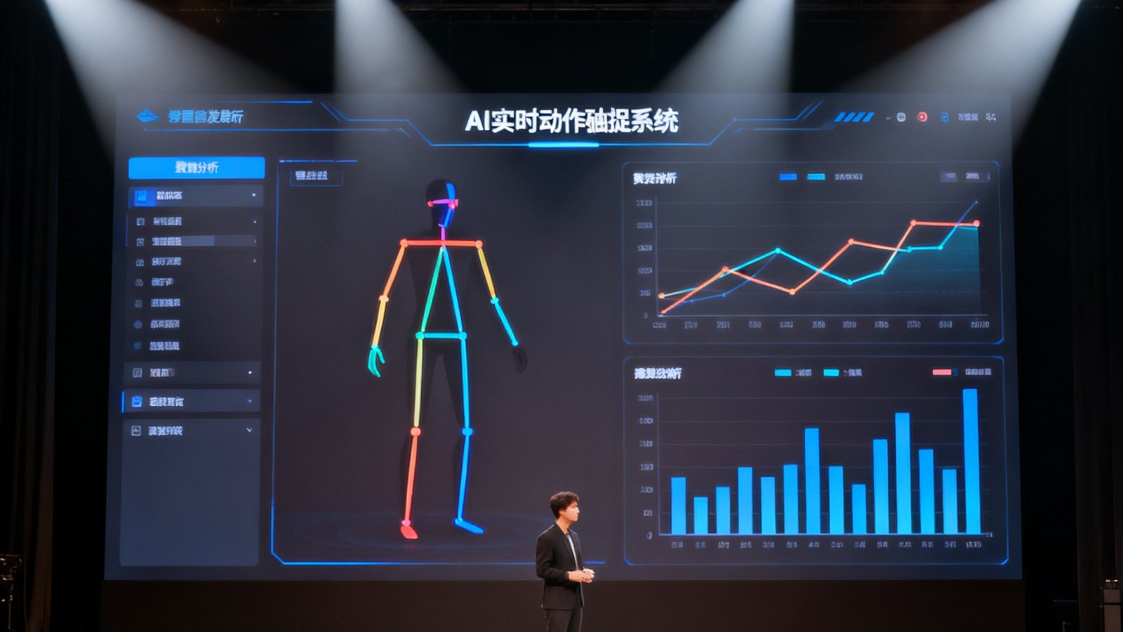 技术发布会现场照片，大屏幕上展示着AI实时动作捕捉系统的界面和数据分析图