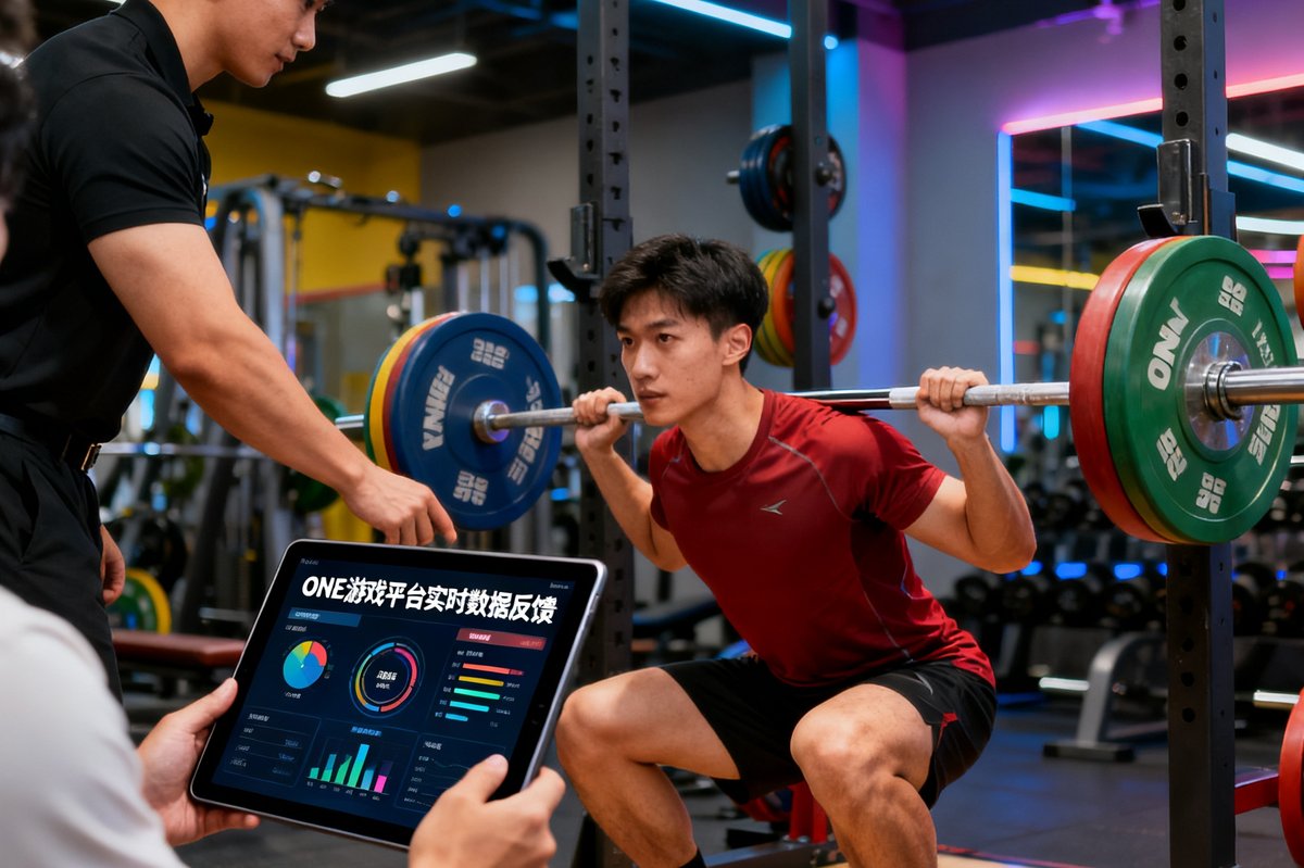 一位年轻男性运动员在健身房进行杠铃深蹲训练，教练在旁边通过平板电脑查看ONE游戏平台实时数据反馈