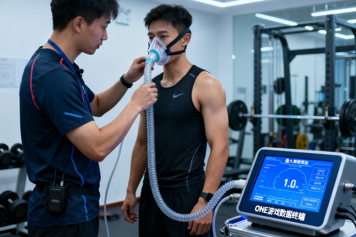 专业体能测试中心内一位运动科学专家正在为用户进行最大摄氧量测试，连接着精密仪器和ONE游戏数据终端