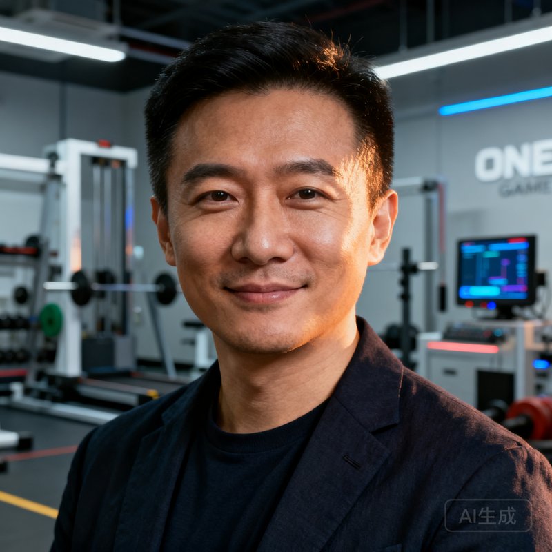 ONE游戏创始人陈逸飞正面半身照，穿着深色休闲西装，背景为运动科学实验室，表情自信沉稳