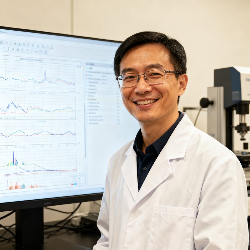 运动科学总监林晓博士的半身照，戴着眼镜面带微笑，身穿白大褂站在实验室数据分析屏幕前